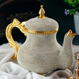 DEMMEX Handcrafted Stunning Turkish Moroccan Arabic Decorative Gold Teapot Pitcher Pot Kettle with Crystals Rhinestones, Handmade in Turkey, 2.6lb, 8x7